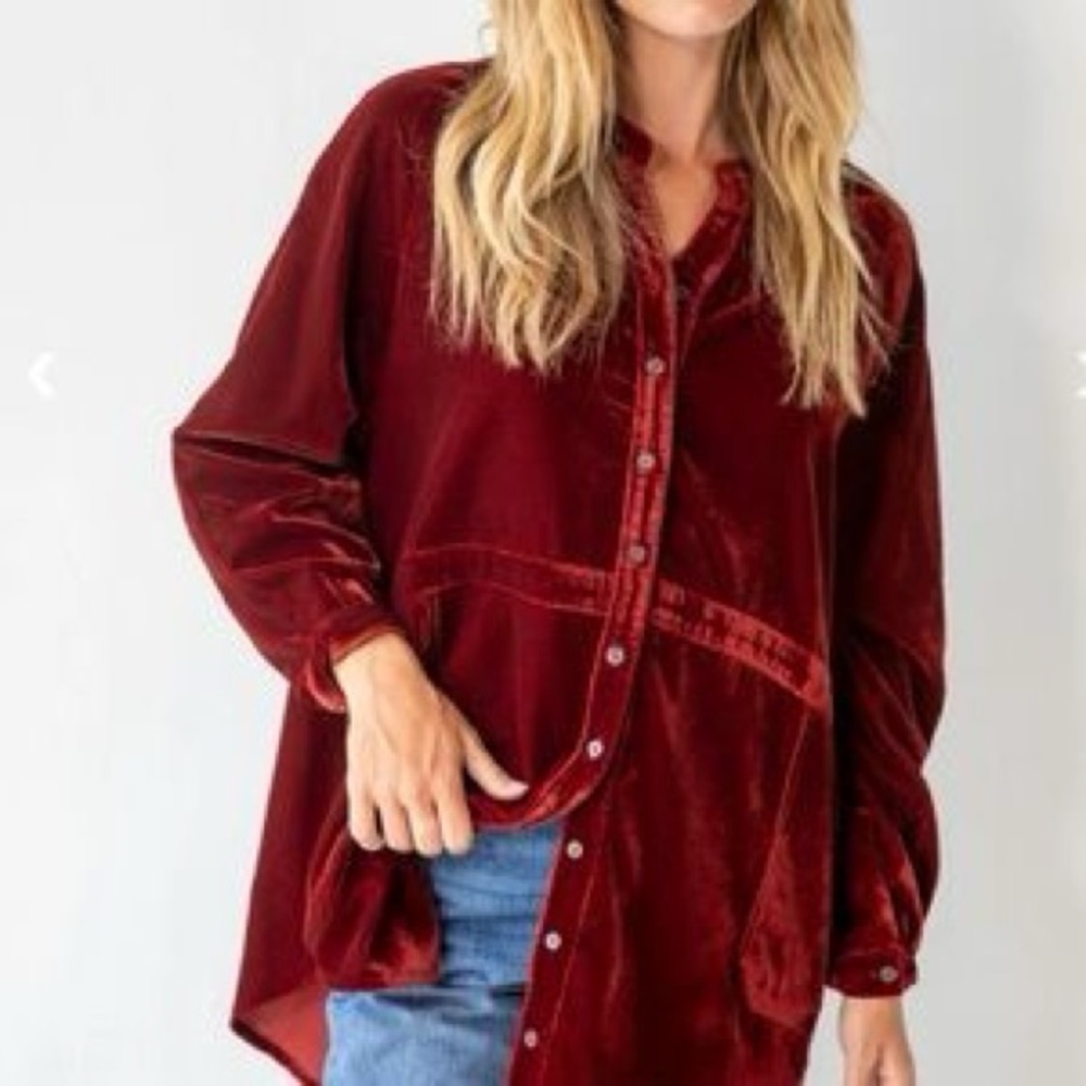 NATURAL LIFE Rust Colored Velvet Over Sized Button-Down Tunic W/ Pockets Size